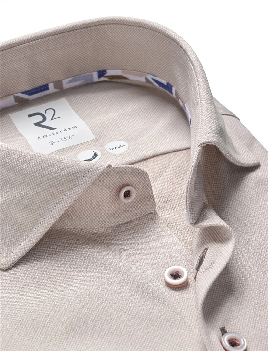 Beige R2 Amsterdam Modern Fit overhemd contrastdetails