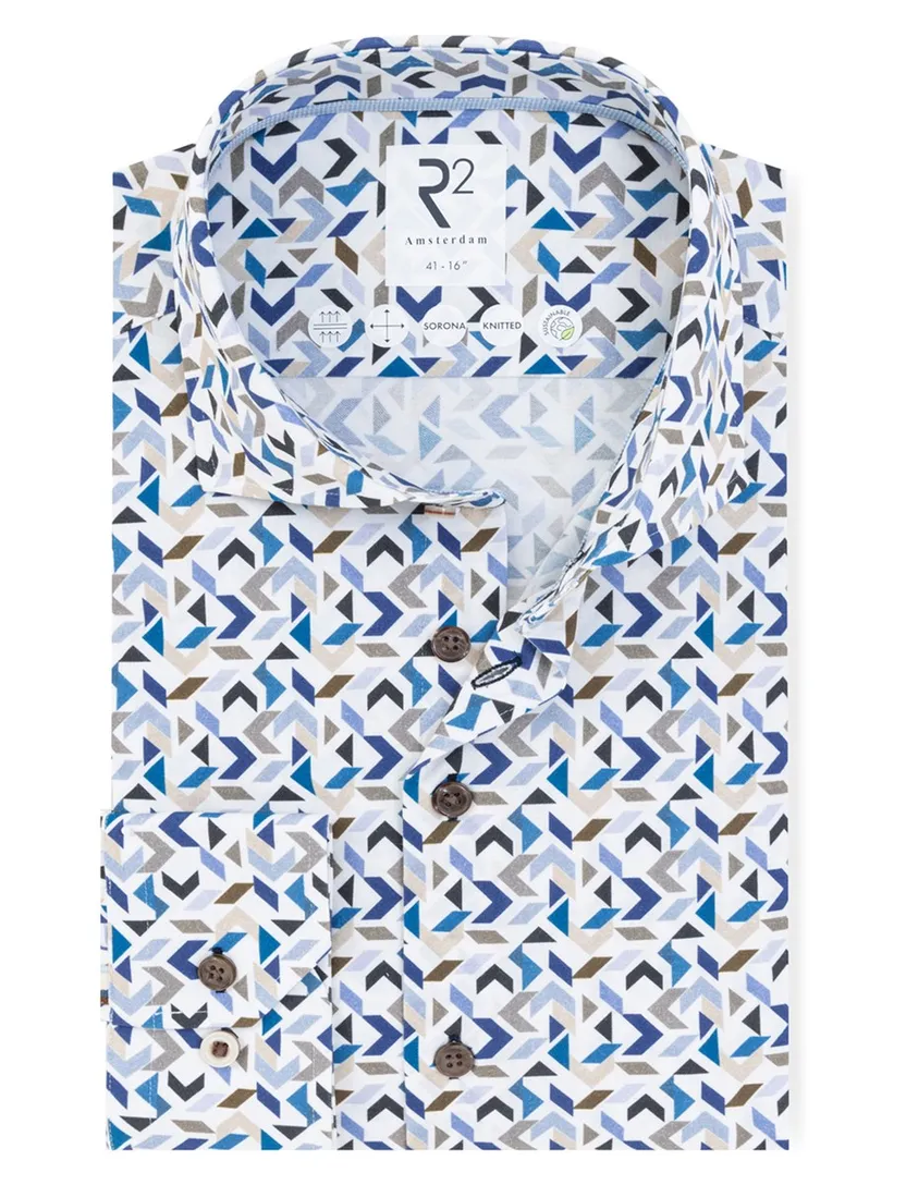 R2 Modern Fit overhemd wit dessin blauwe tinten