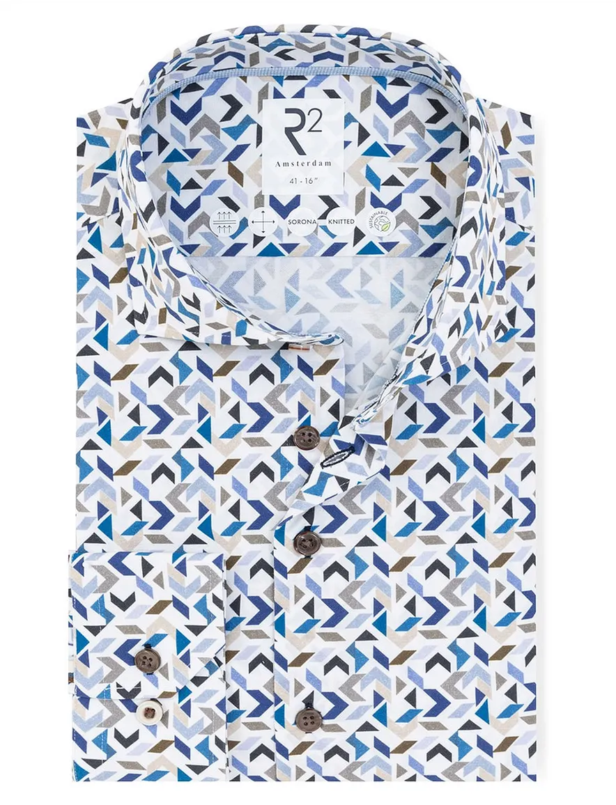 R2 overhemd blauw geprint Modern Fit