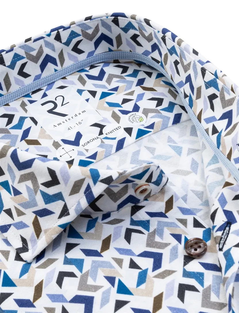 R2 Modern Fit overhemd wit dessin blauwe tinten