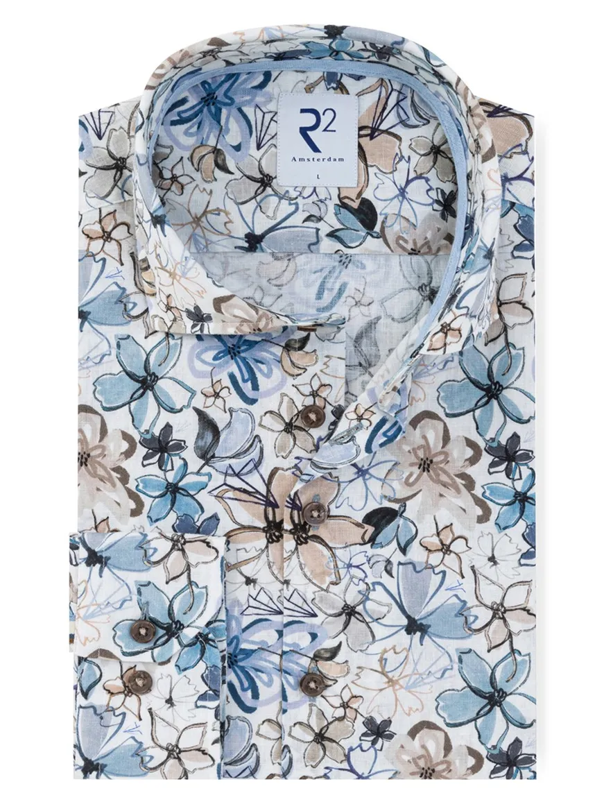 R2 Amsterdam Modern Fit overhemd wit blauw bloemenprint