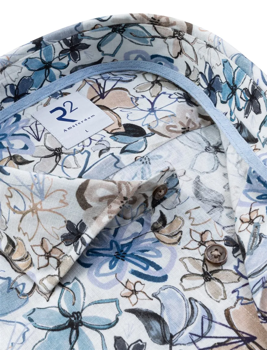 R2 Amsterdam Modern Fit overhemd wit blauw bloemenprint