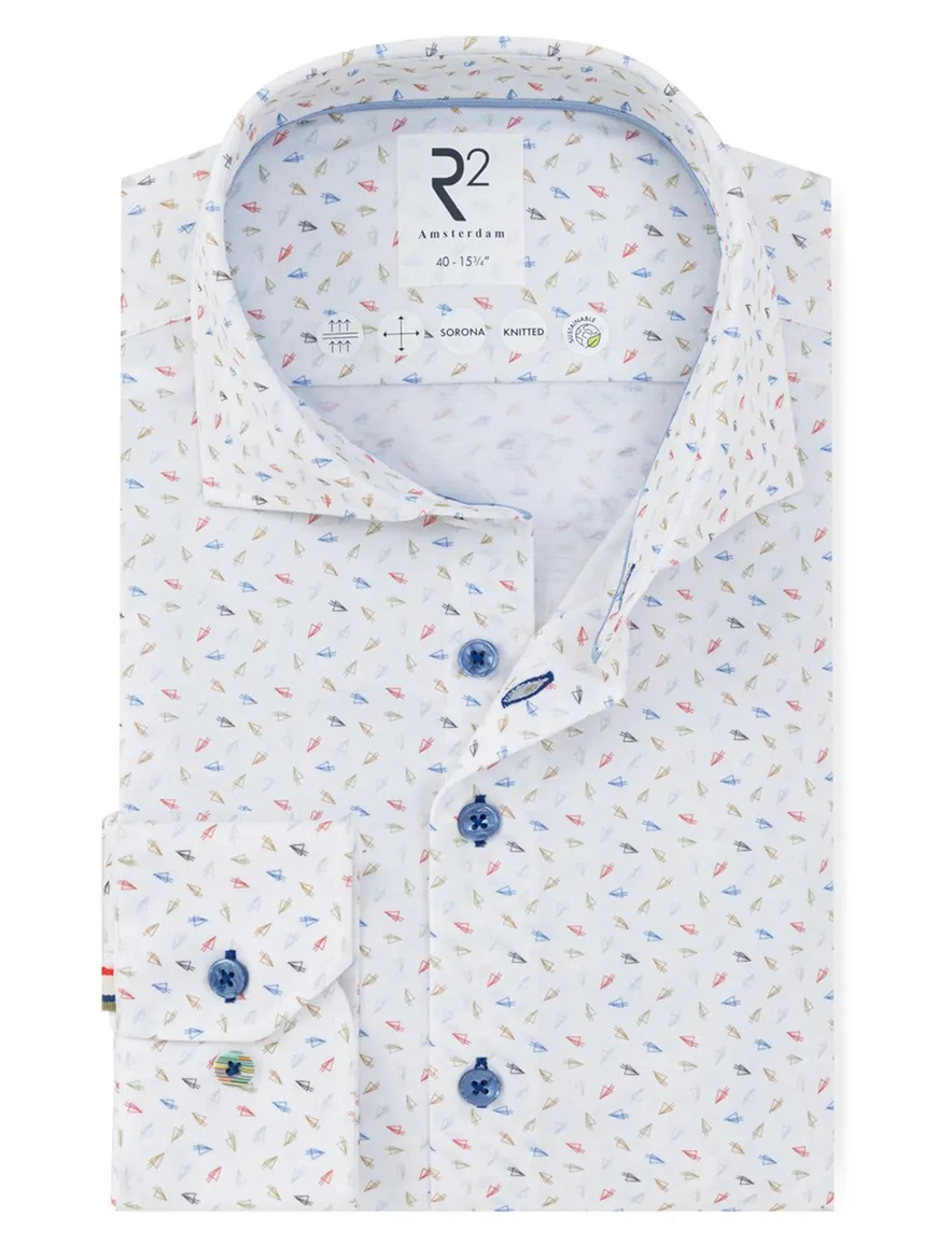 R2 Amsterdam Modern Fit overhemd wit met multicolor dessin