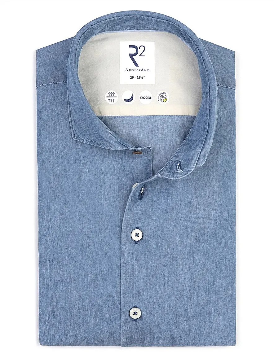 R2 overhemd blauw stretch