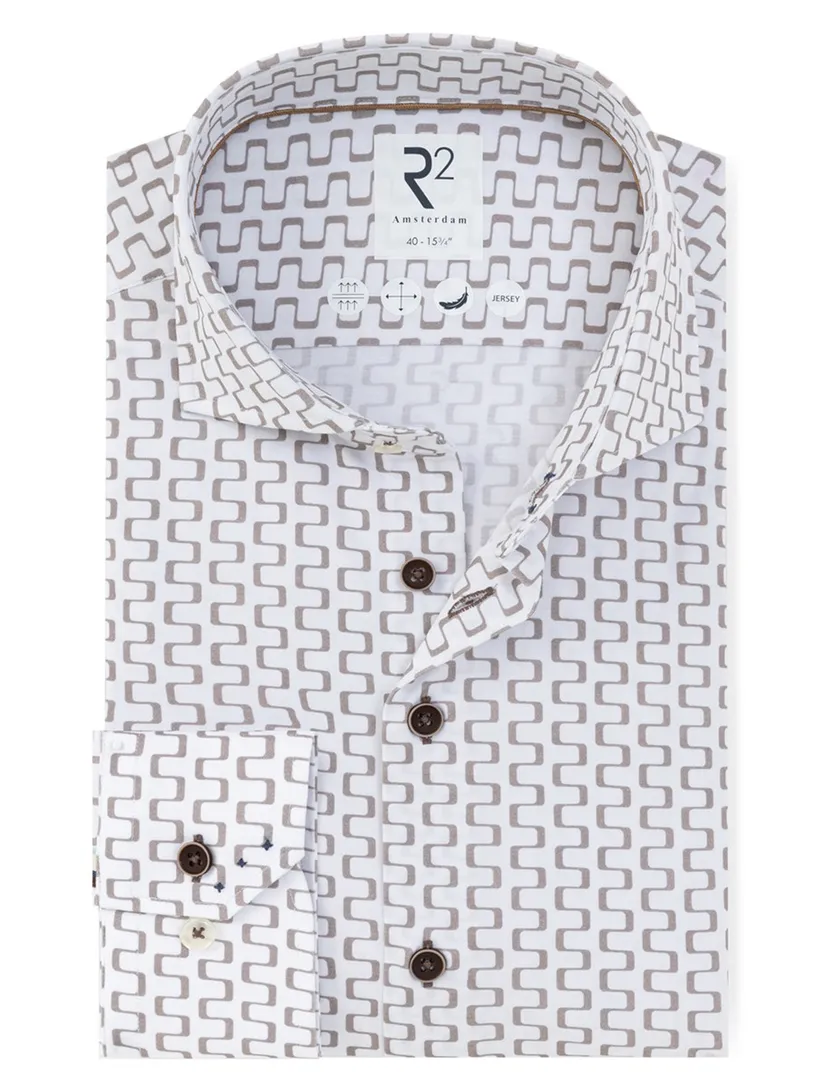 Overhemd R2 Amsterdam Modern Fit wit beige print