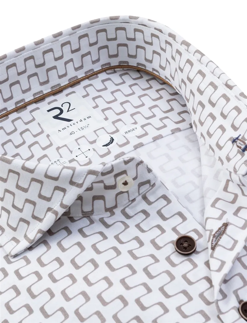 Overhemd R2 Amsterdam Modern Fit wit beige print