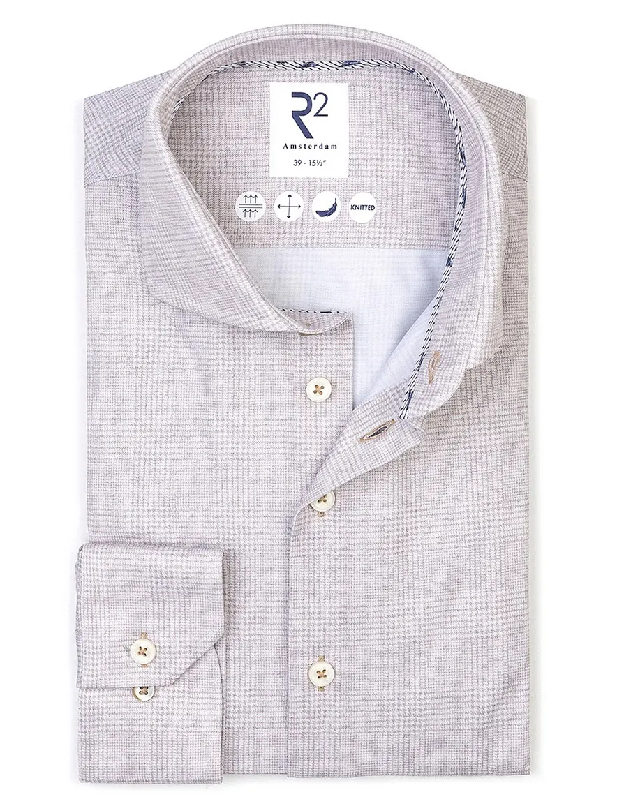 R2 overhemd beige geruit Modern Fit