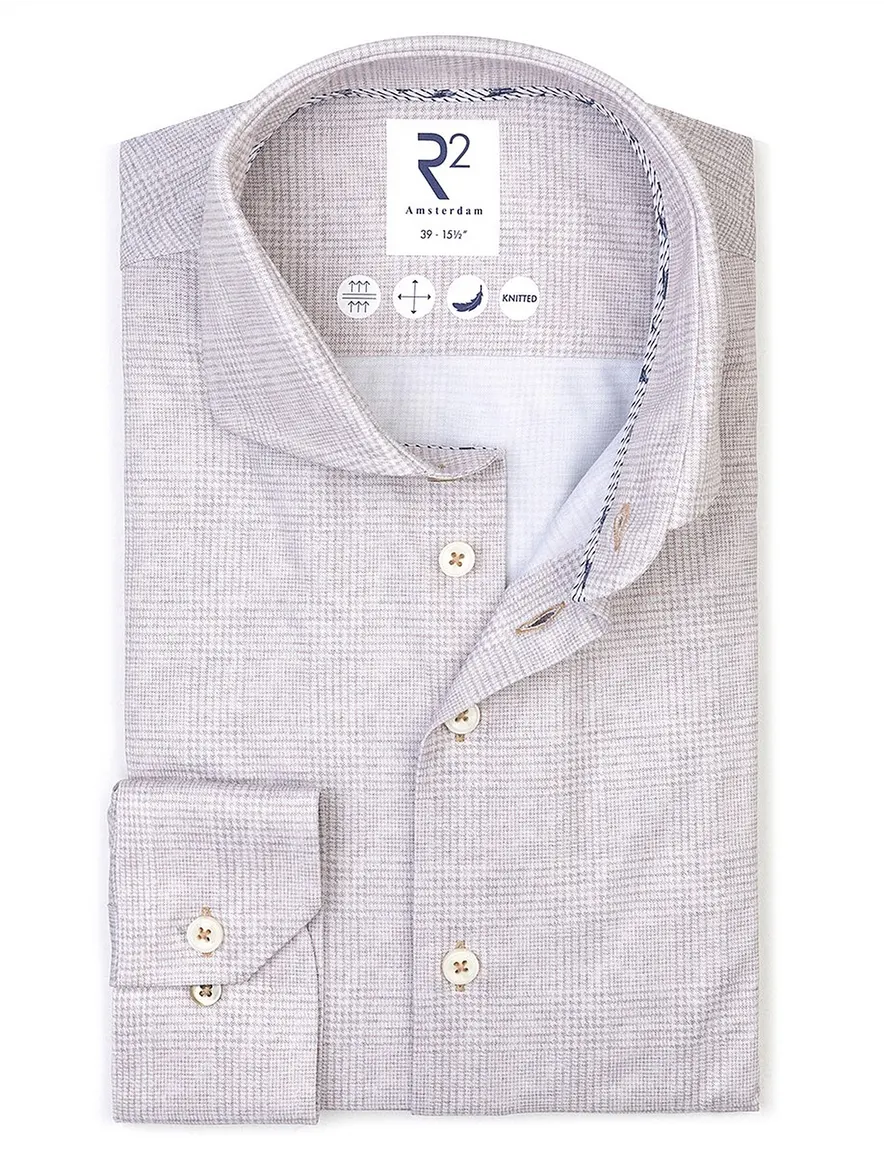R2 overhemd beige geruit Modern Fit