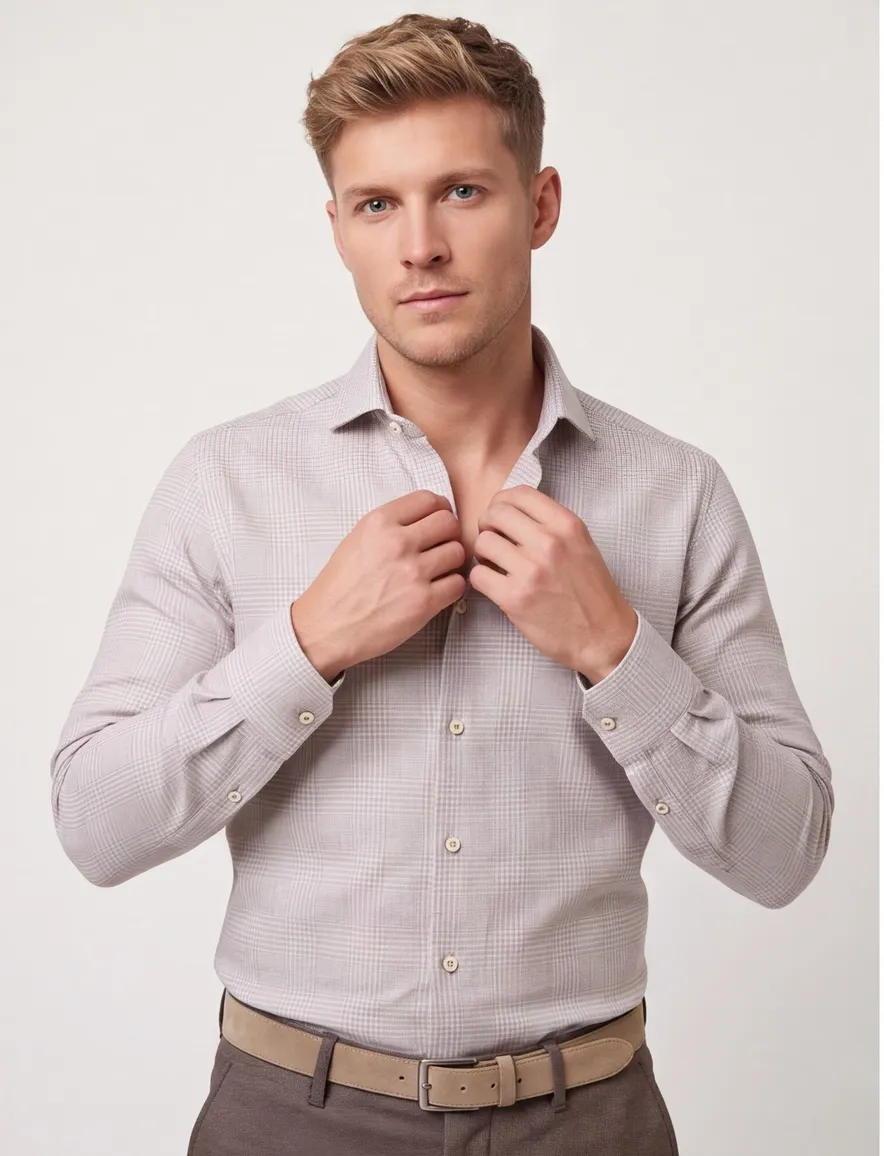 R2 overhemd beige geruit Modern Fit