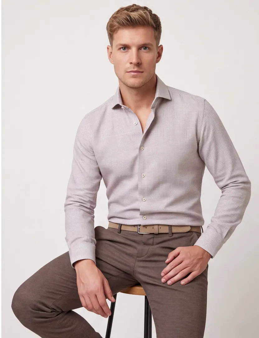 Overhemd R2 Amsterdam Modern Fit beige geruiten patroon