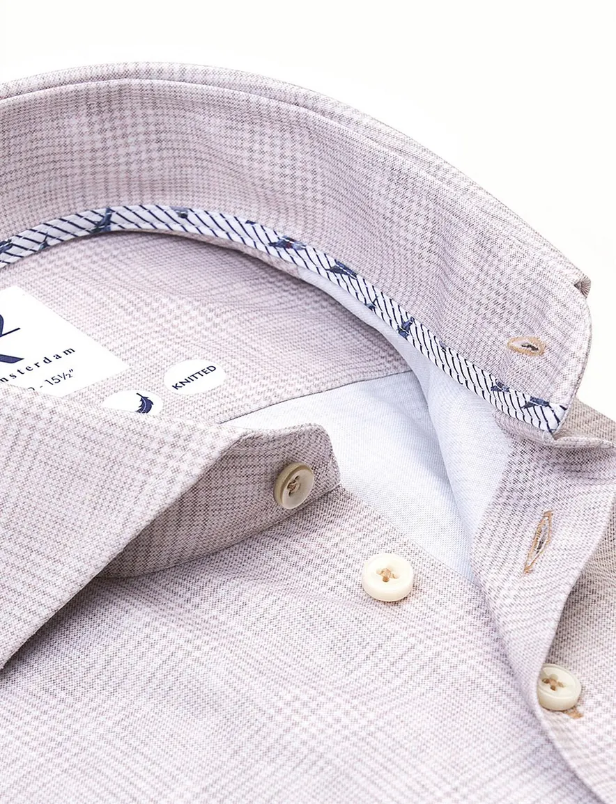 R2 overhemd beige geruit Modern Fit