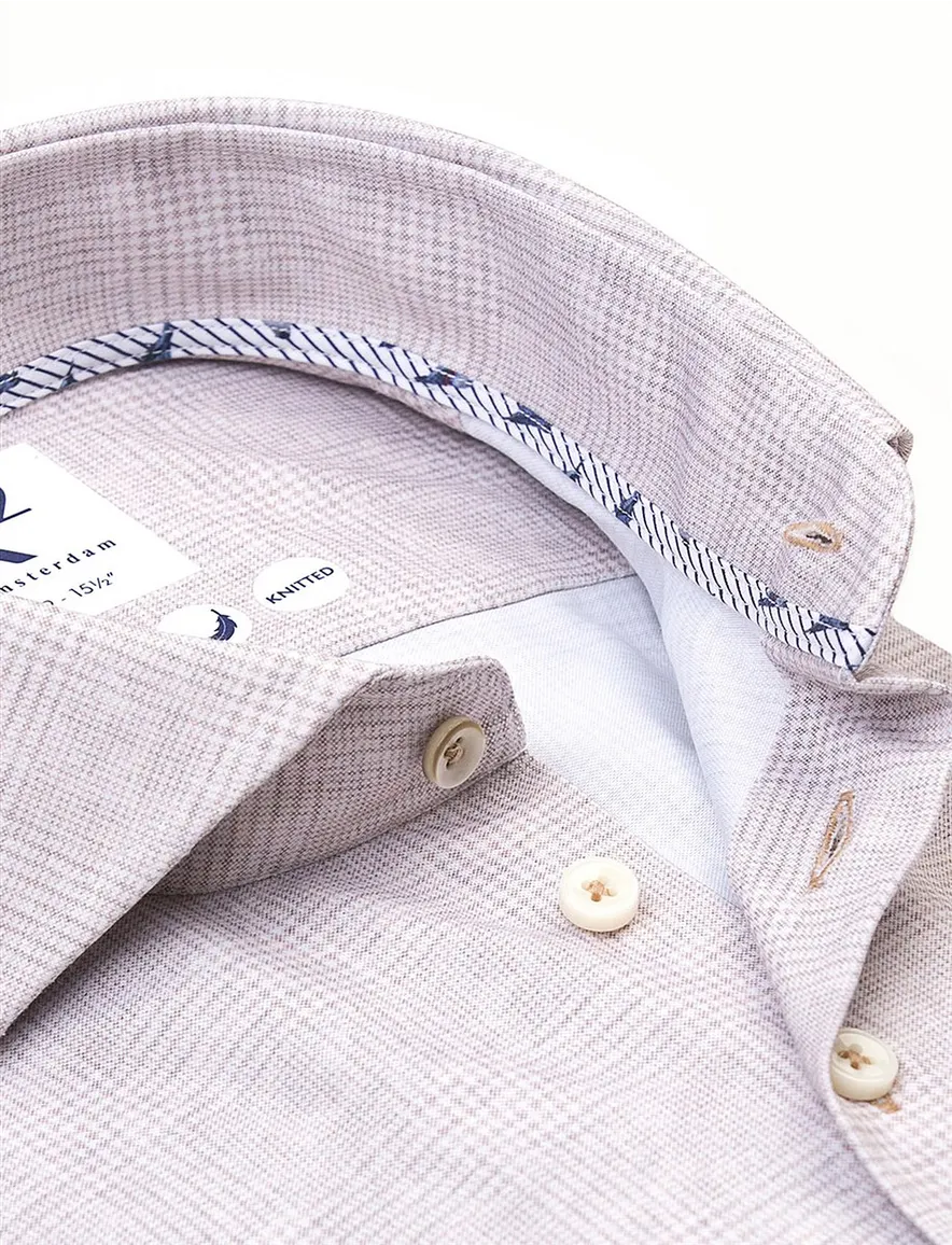 R2 overhemd beige geruit Modern Fit