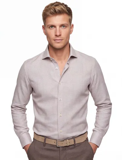 R2 Beige overhemd R2 Amsterdam Modern Fit ruiten dessin