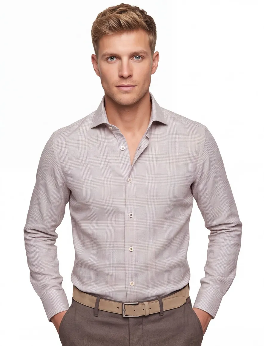 Beige overhemd R2 Amsterdam Modern Fit ruiten dessin