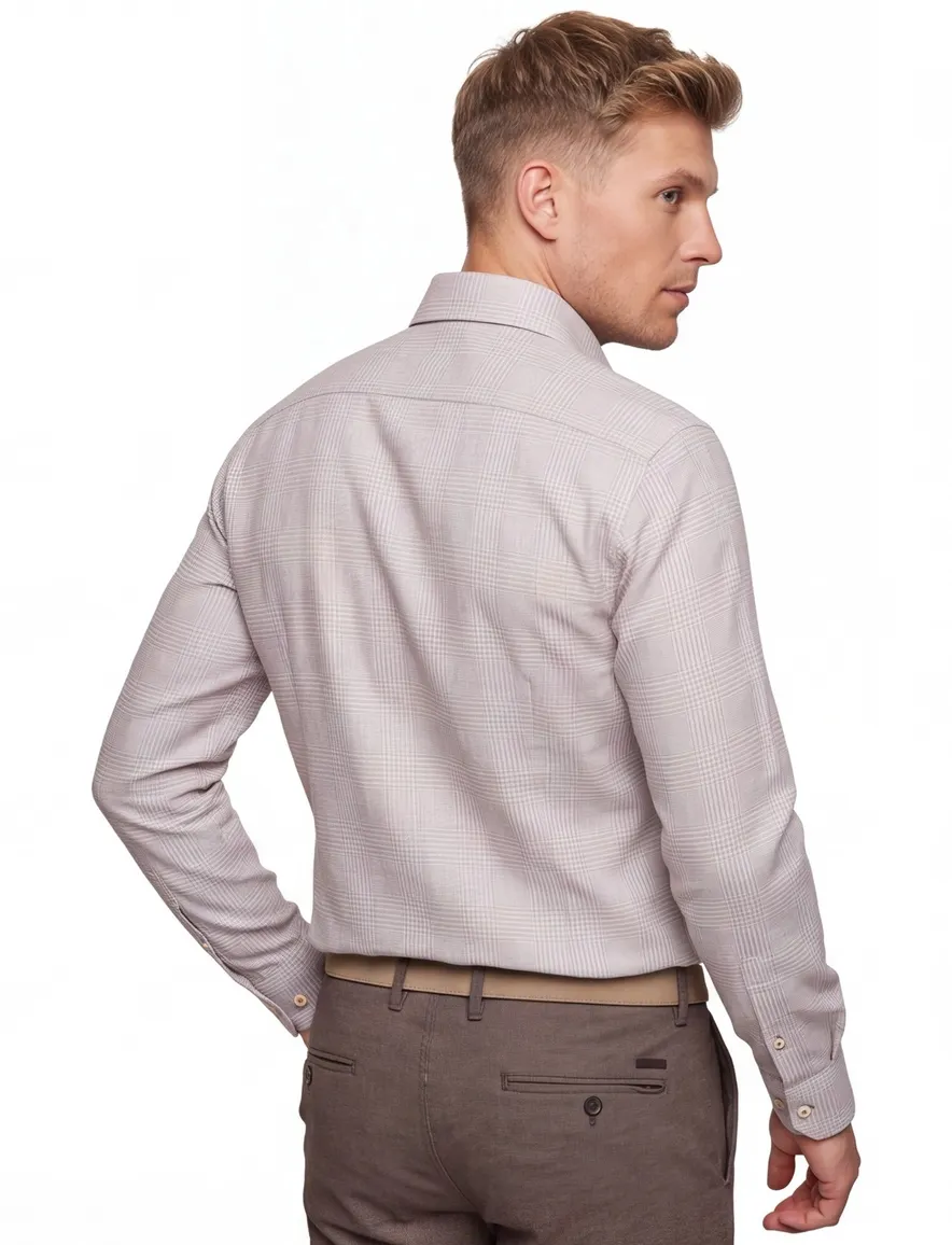 Beige overhemd R2 Amsterdam Modern Fit ruiten dessin