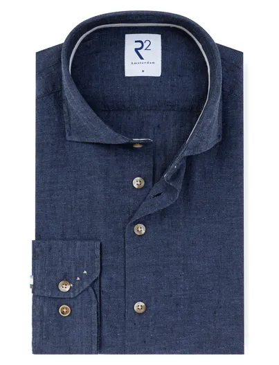 R2 Overhemd R2 Amsterdam donkerblauw linnen wide spread