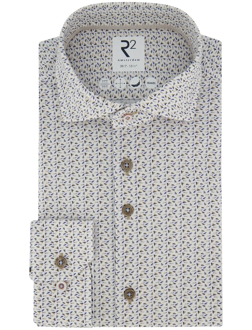 R2 geprint overhemd mouwlengte 7 beige blauw