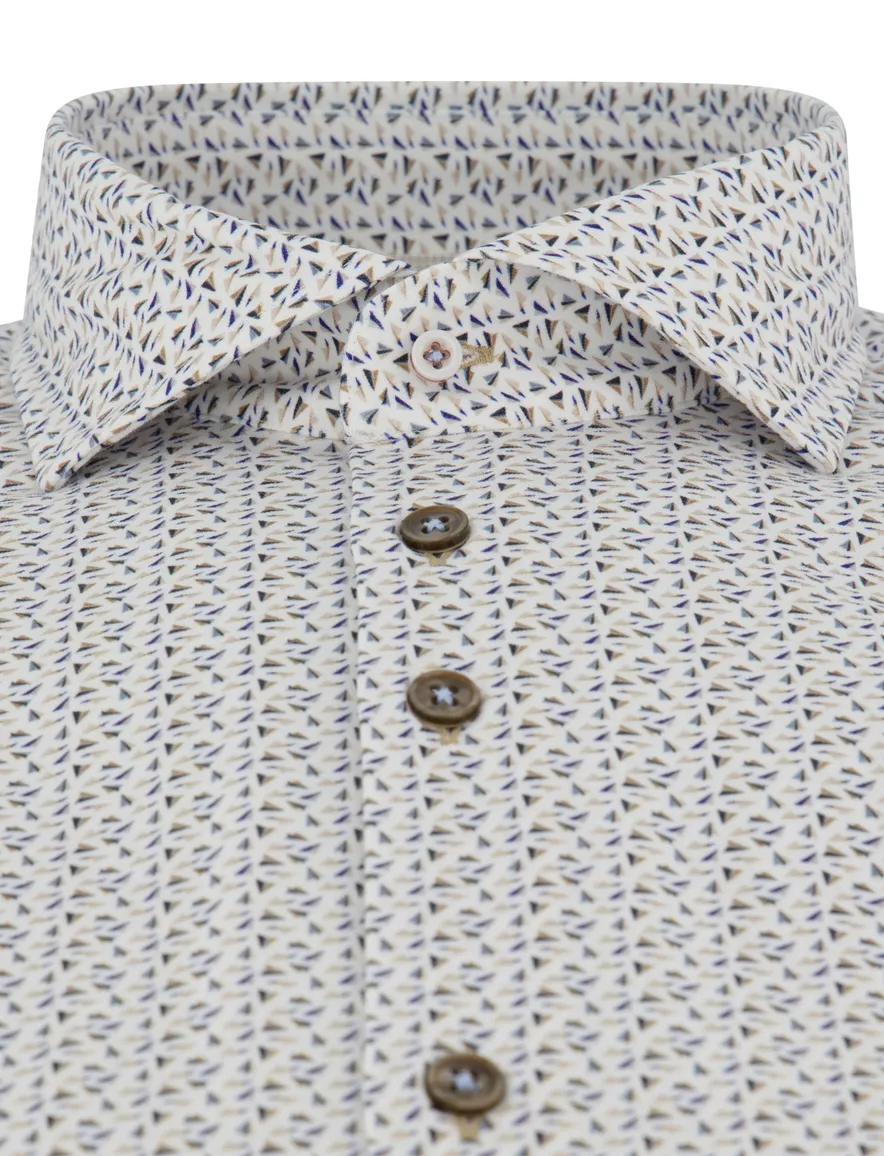 R2 geprint overhemd mouwlengte 7 beige blauw
