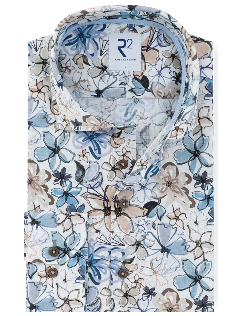 Blauw floral dessin overhemd R2 Amsterdam Modern Fit linnen