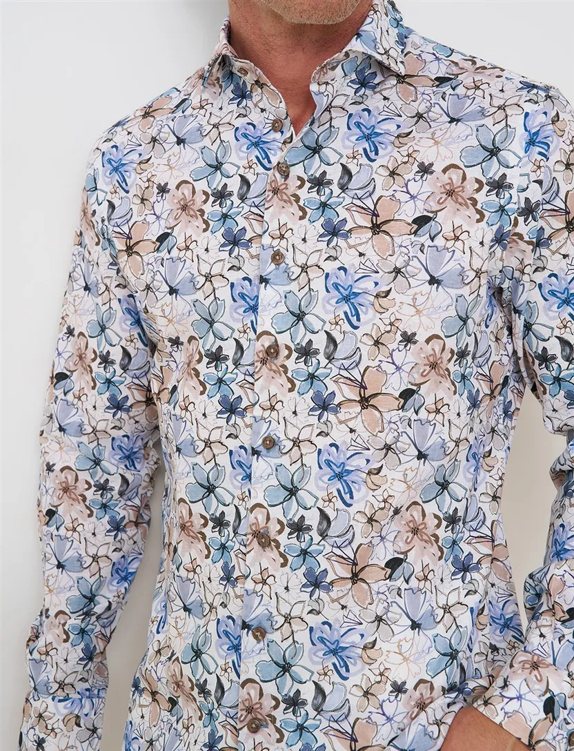 Blauw floral dessin overhemd R2 Amsterdam Modern Fit linnen