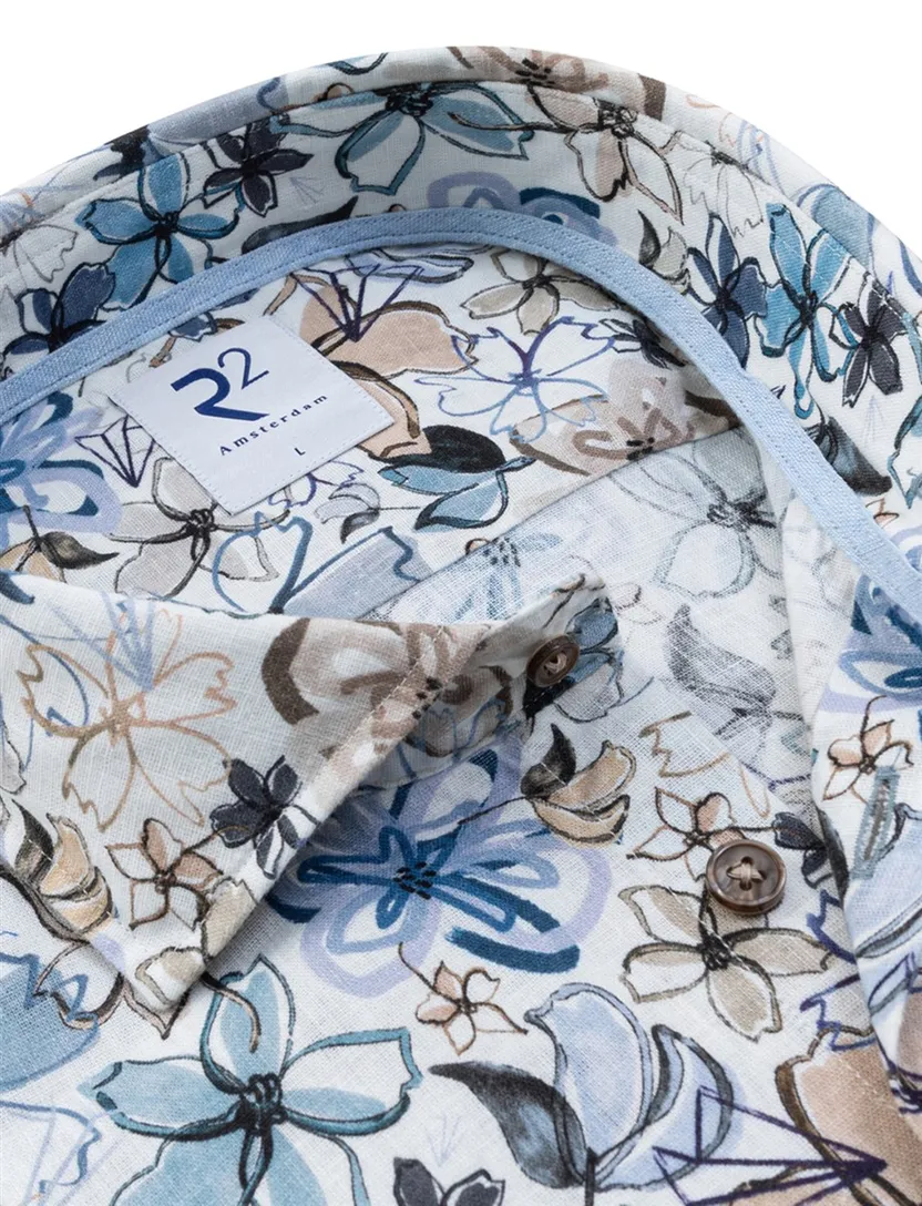 Blauw floral dessin overhemd R2 Amsterdam Modern Fit linnen