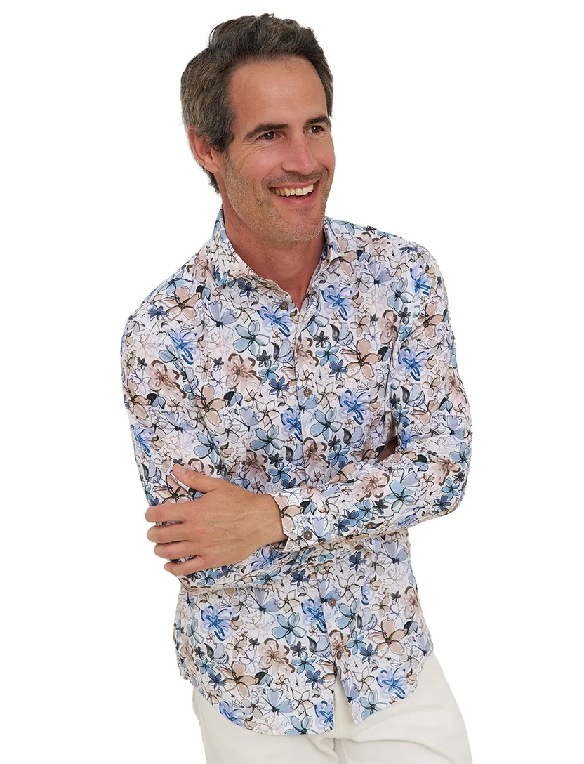 Blauw floral dessin overhemd R2 Amsterdam Modern Fit linnen
