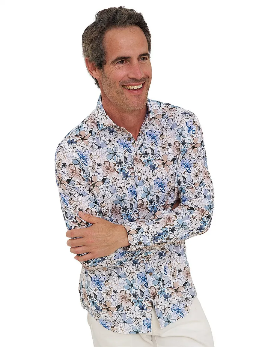 Overhemd R2 Amsterdam Modern Fit blauw geprint bloemen linnen