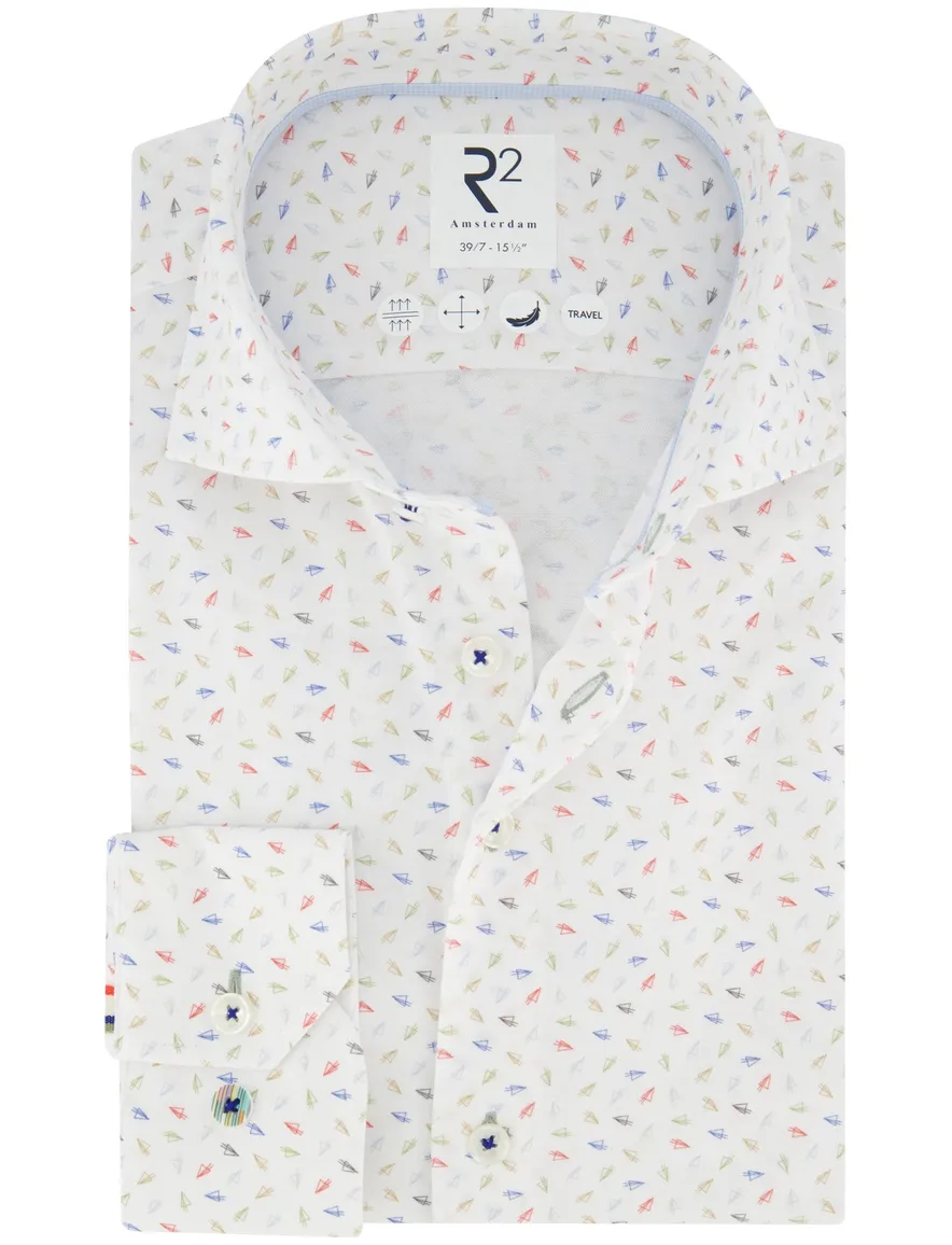 R2 overhemd mouwlengte 7 wit gekleurde print