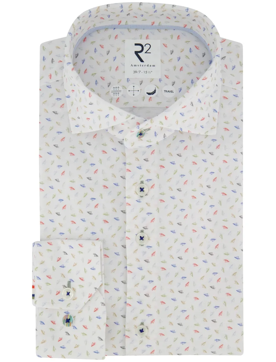 R2 overhemd mouwlengte 7 wit gekleurde print