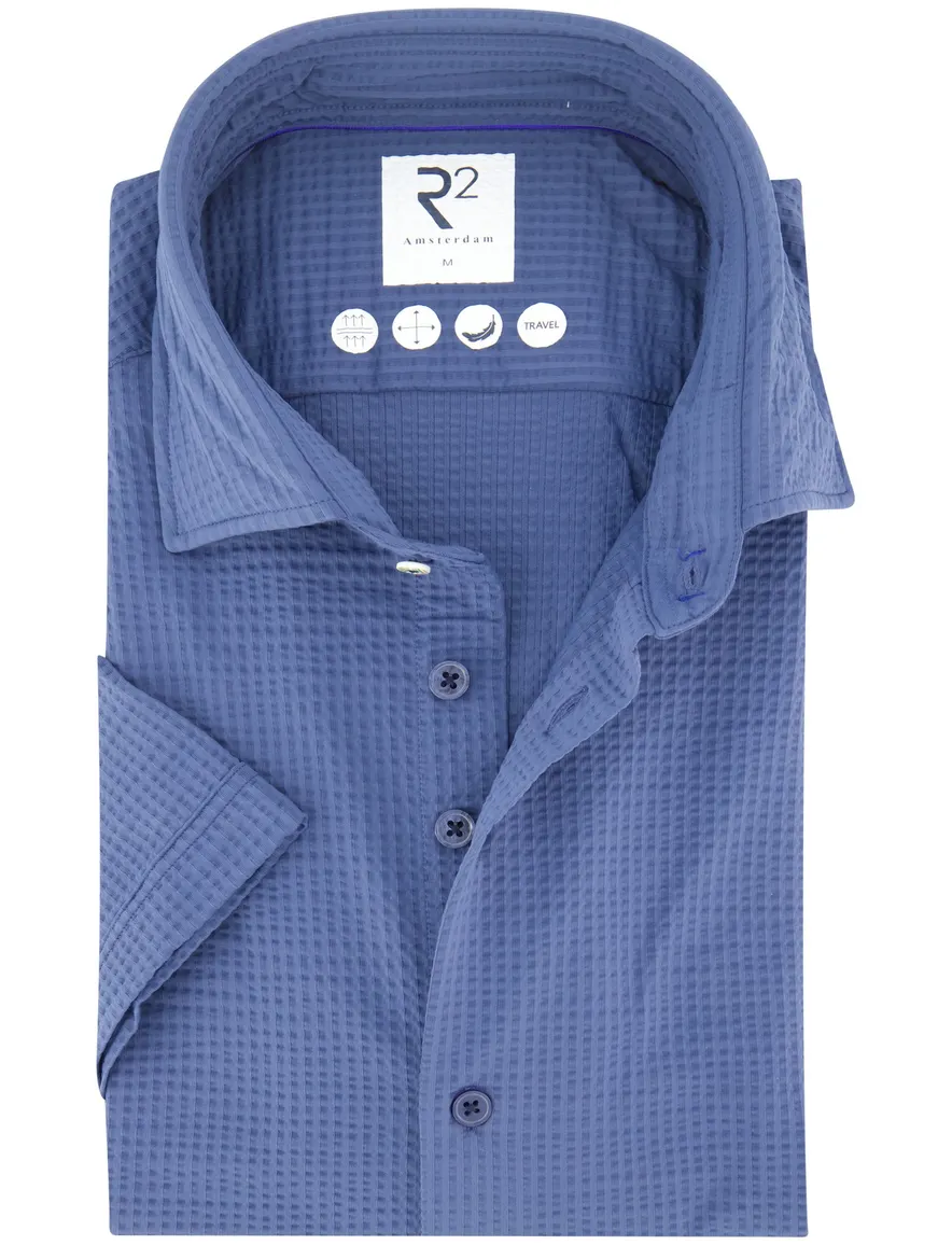 R2 overhemd blauw printje wide spread korte mouw