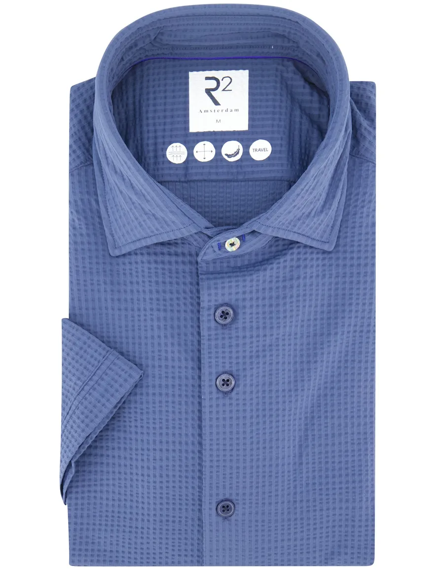 R2 overhemd blauw printje wide spread korte mouw