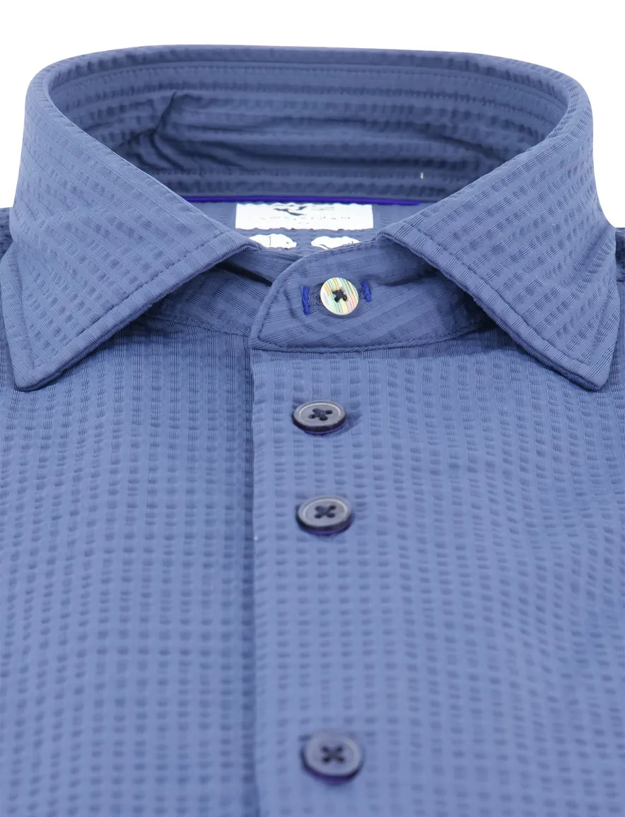 R2 overhemd blauw printje wide spread korte mouw