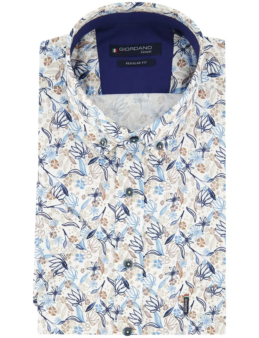 Giordano overhemd korte mouw beige blauwe print