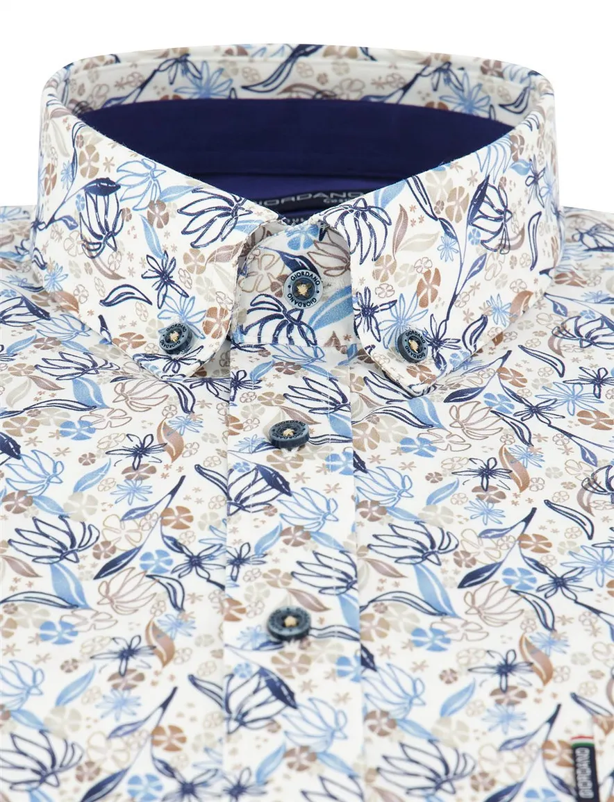 Giordano overhemd korte mouw beige blauwe print