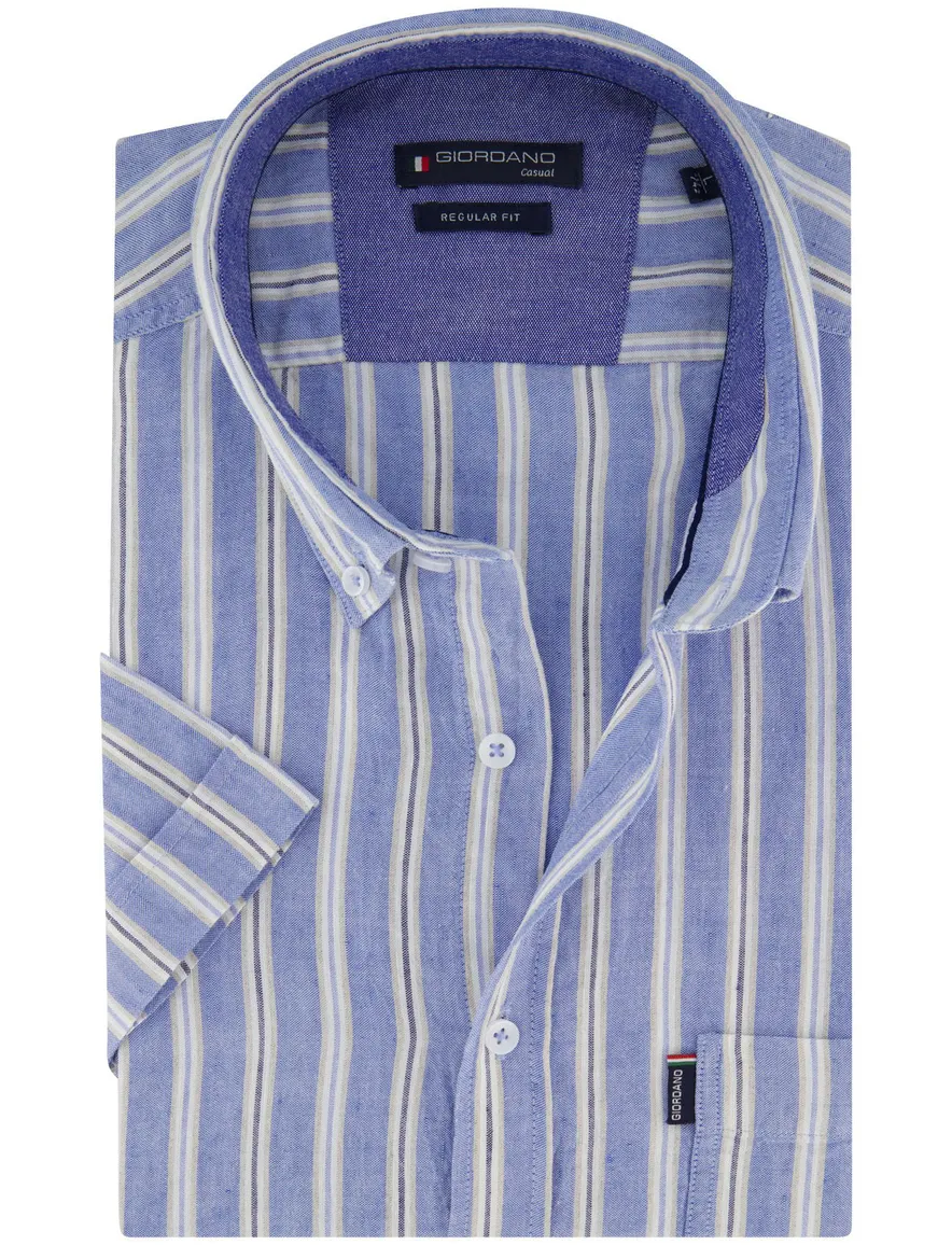 Giordano blauw overhemd korte mouwen strepen