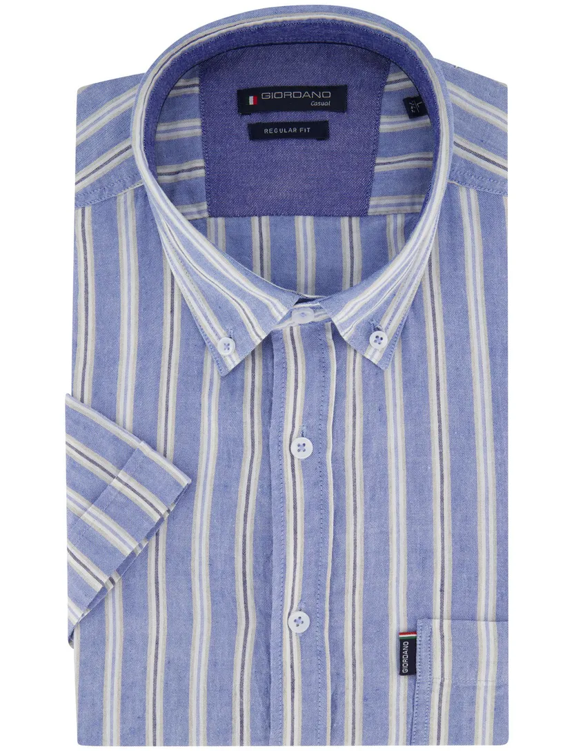 Blauw overhemd katoenblend Giordano korte mouwen met strepen