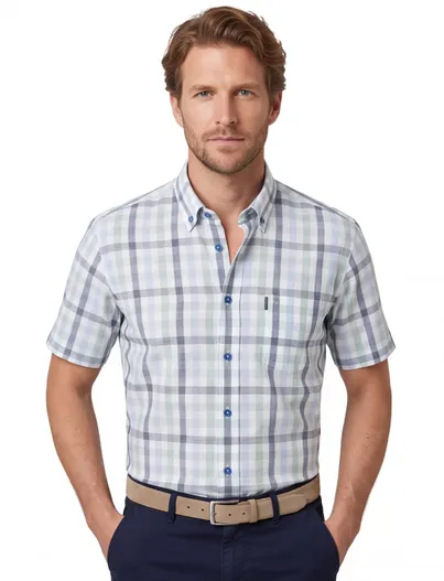 Giordano Geruit Giordano overhemd groen blauw normale fit