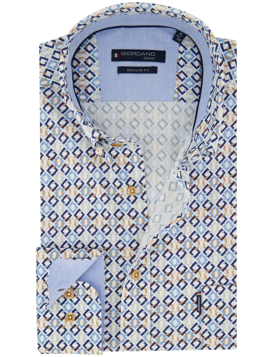 Giordano overhemd blauw geprint lange mouw normale fit