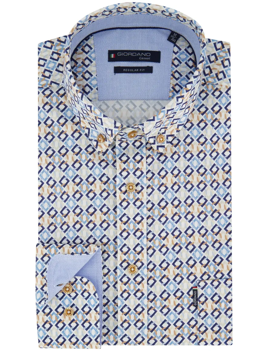 Giordano overhemd blauw geprint lange mouw normale fit