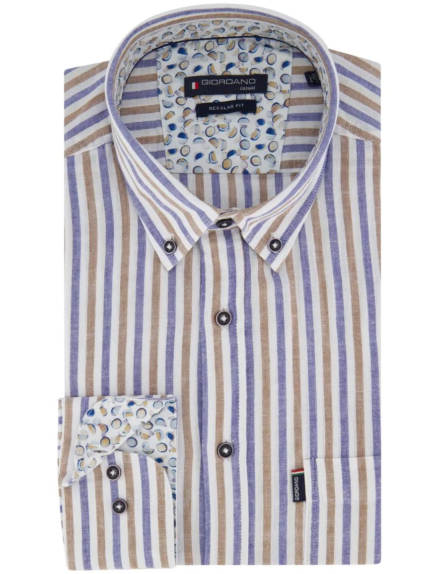 Giordano Regular fit overhemd bruin blauw strepen