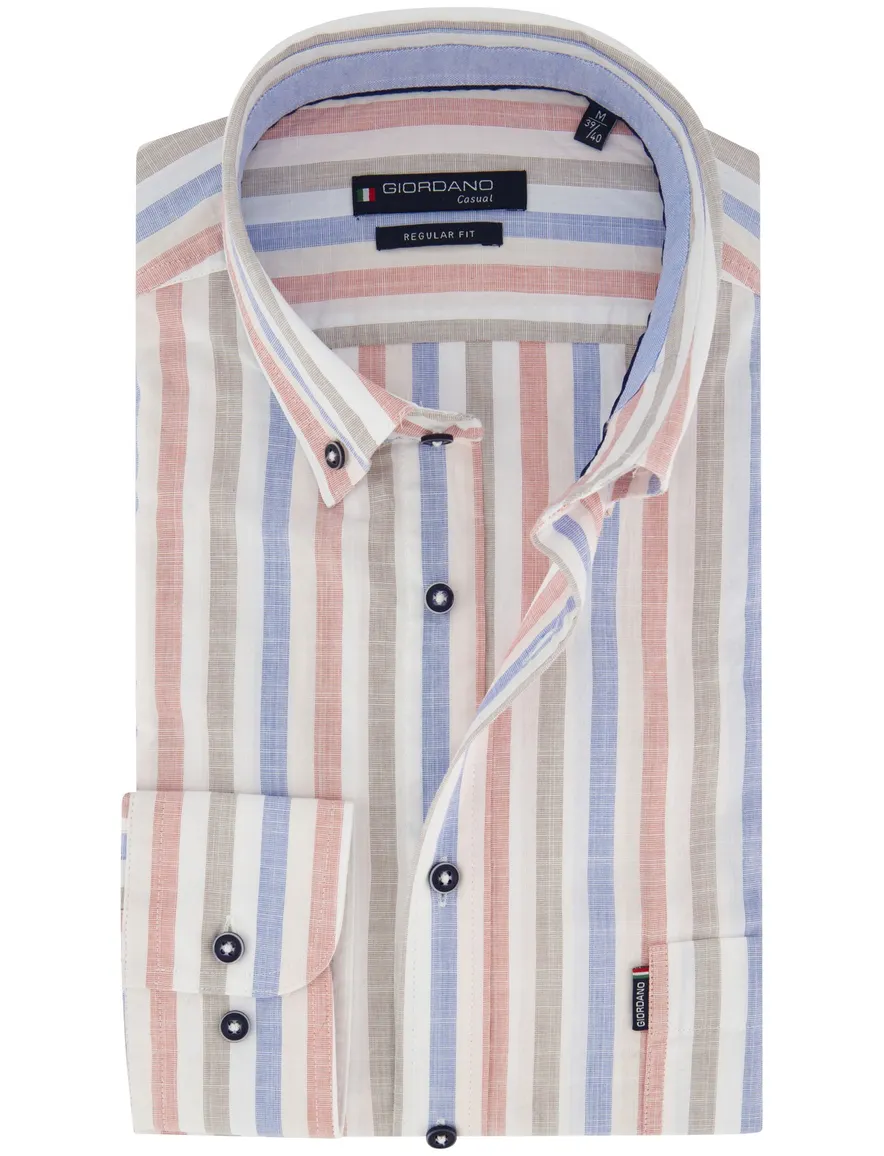 Giordano Regular fit overhemd roze blauw strepen