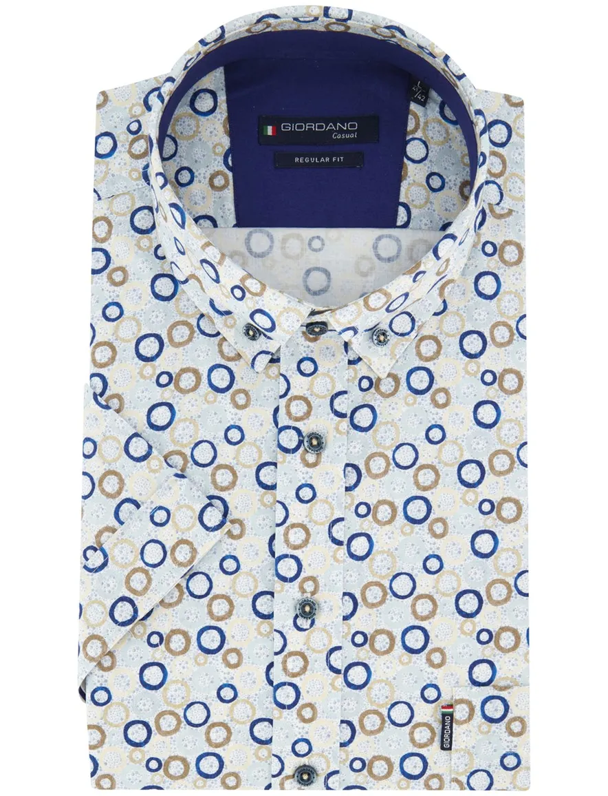 Overhemd Giordano Regular Fit blauw cirkels geprint beige