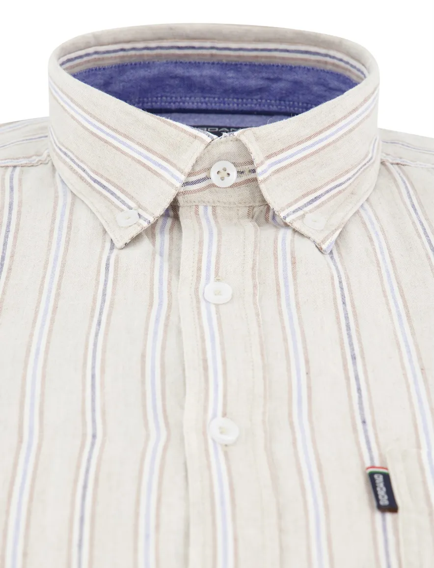 Giordano Regular Fit overhemd korte mouw beige gestreept