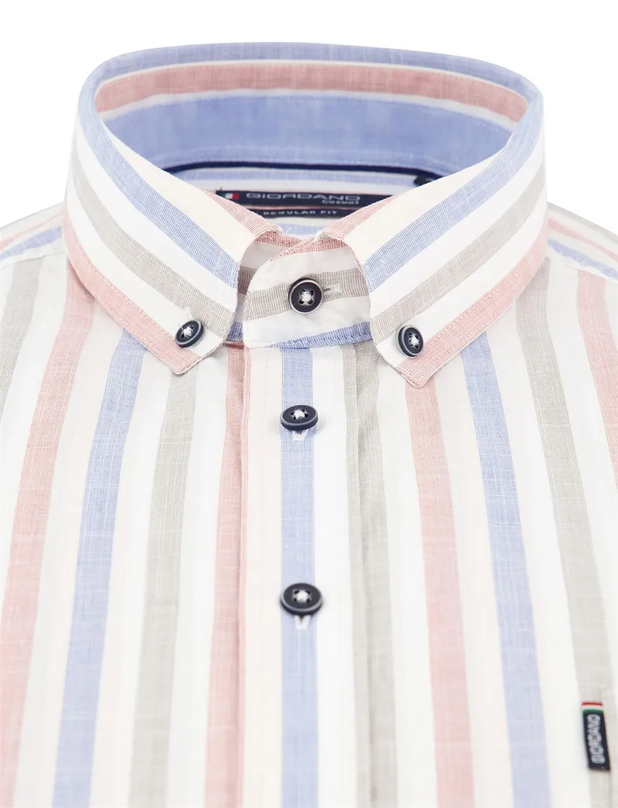 Giordano overhemd korte mouw roze blauw gestreept