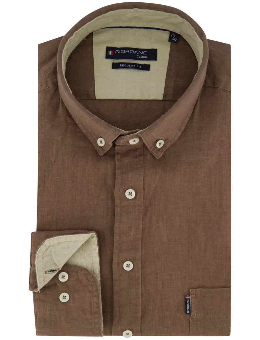 Giordano button down boord overhemd linnen bruin lange mouw