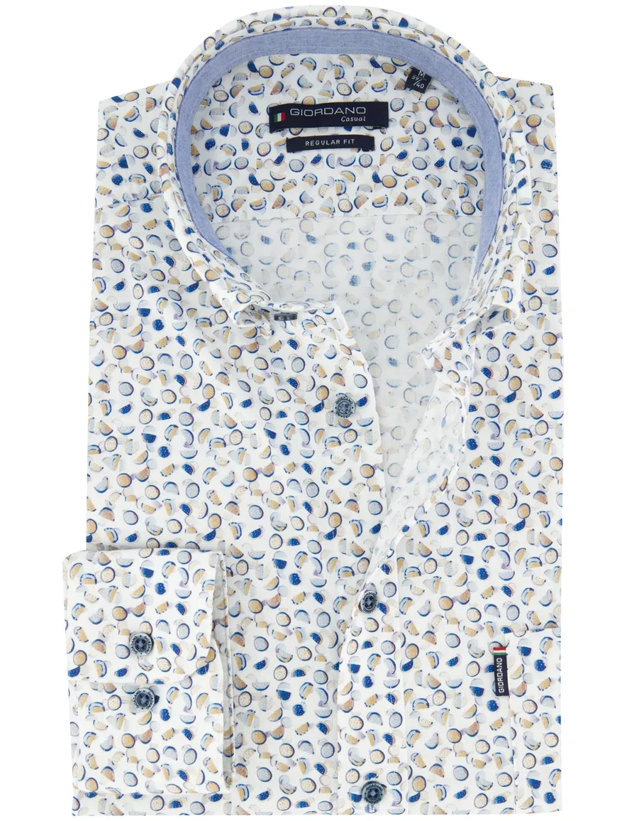 Wit geprint Giordano overhemd met button-down boord blauw geel
