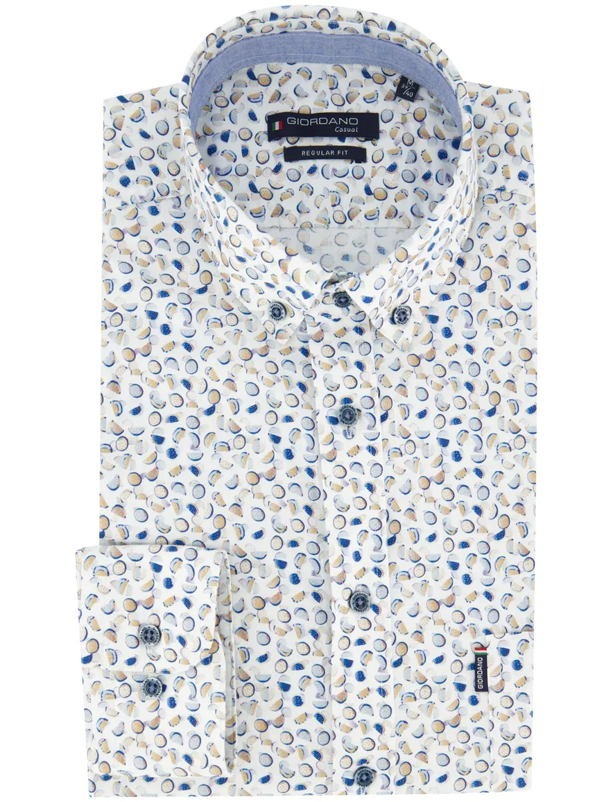 Giordano wit overhemd geprint blauw geel katoen button-down casual