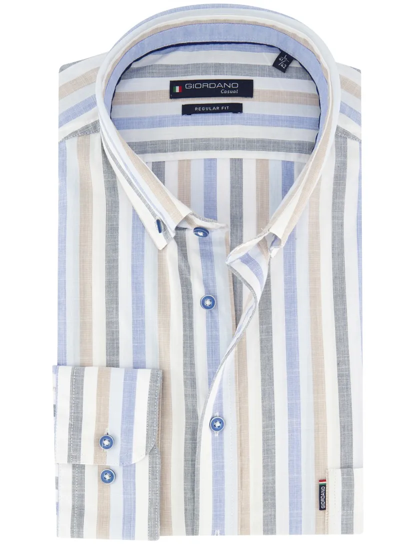 Overhemd Giordano blauw beige streepjes button down boord