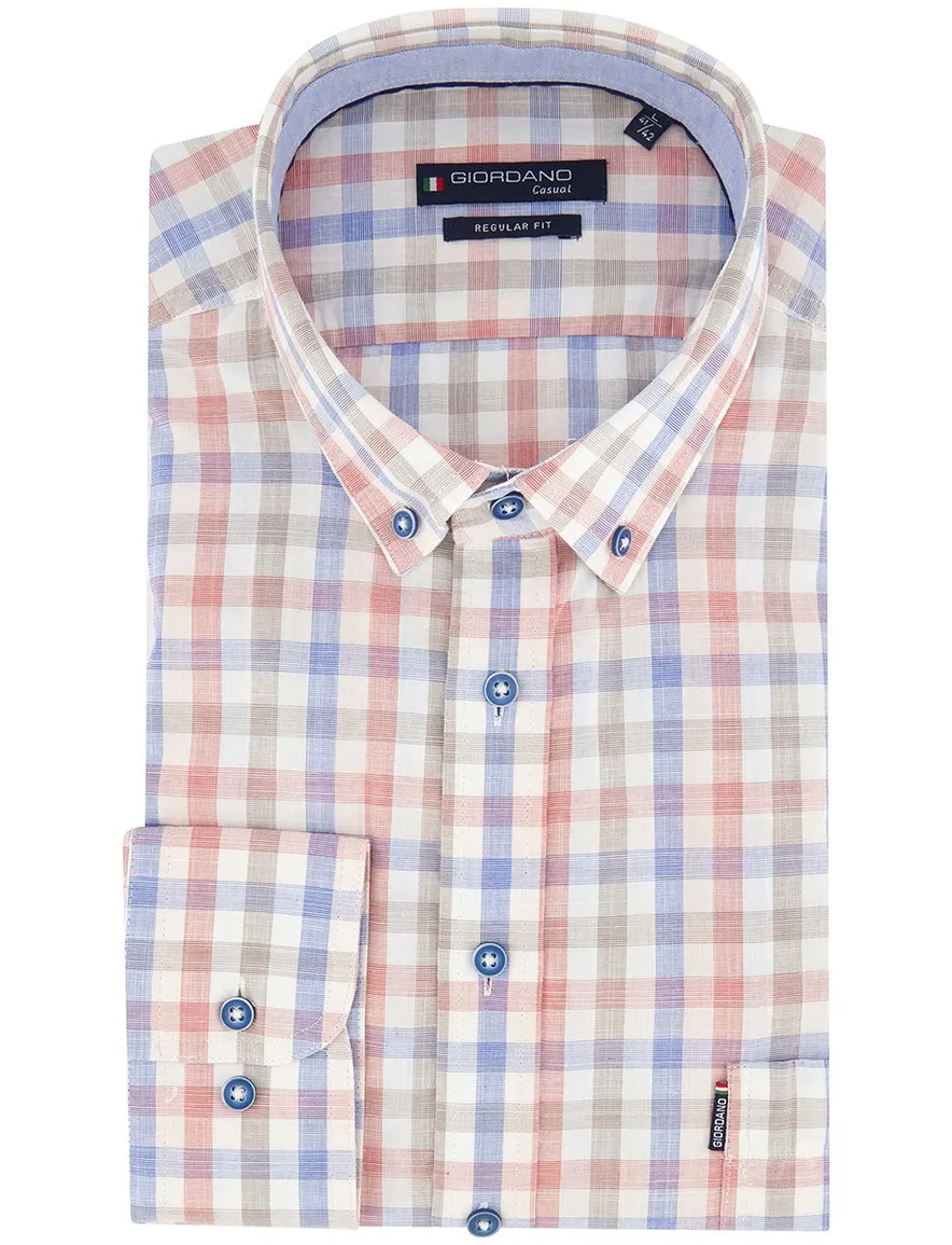 Giordano overhemd roze blauwe ruit Regular Fit