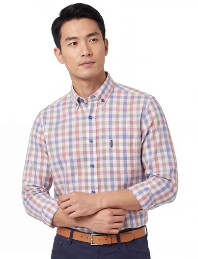 Giordano Overhemd Giordano geruit rood blauw met borstzak